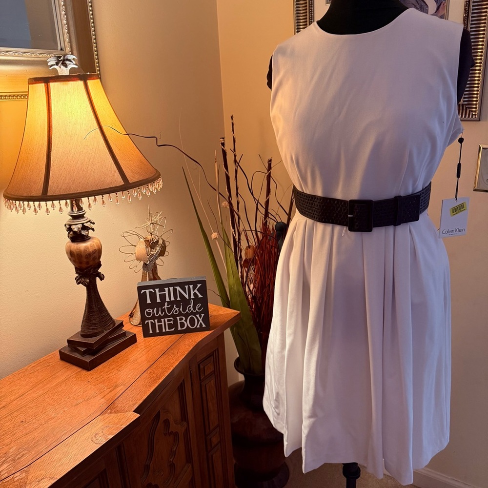 Calvin Klein White Sleeveless Pleated Midi Dress with Black Belt - Picture 14 of 15
